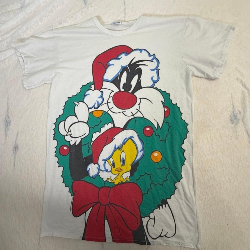 Vintage 1994 Sylvester Tweety Christmas T-Shirt Warner Bros White‎ USA